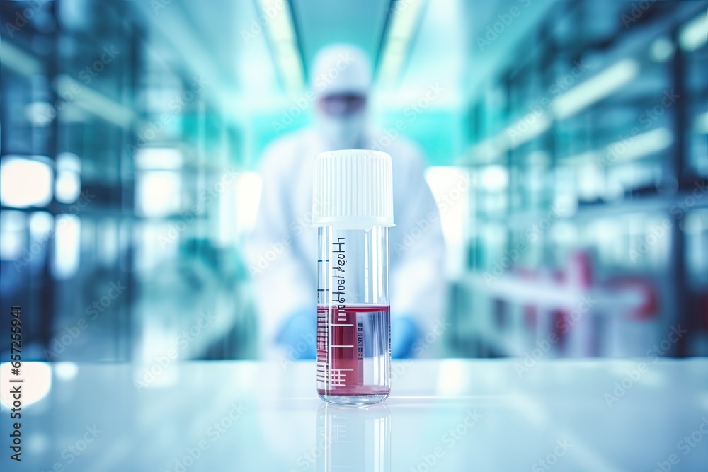 focus on a test tube with blood standing on a laboratory table with a blurred background