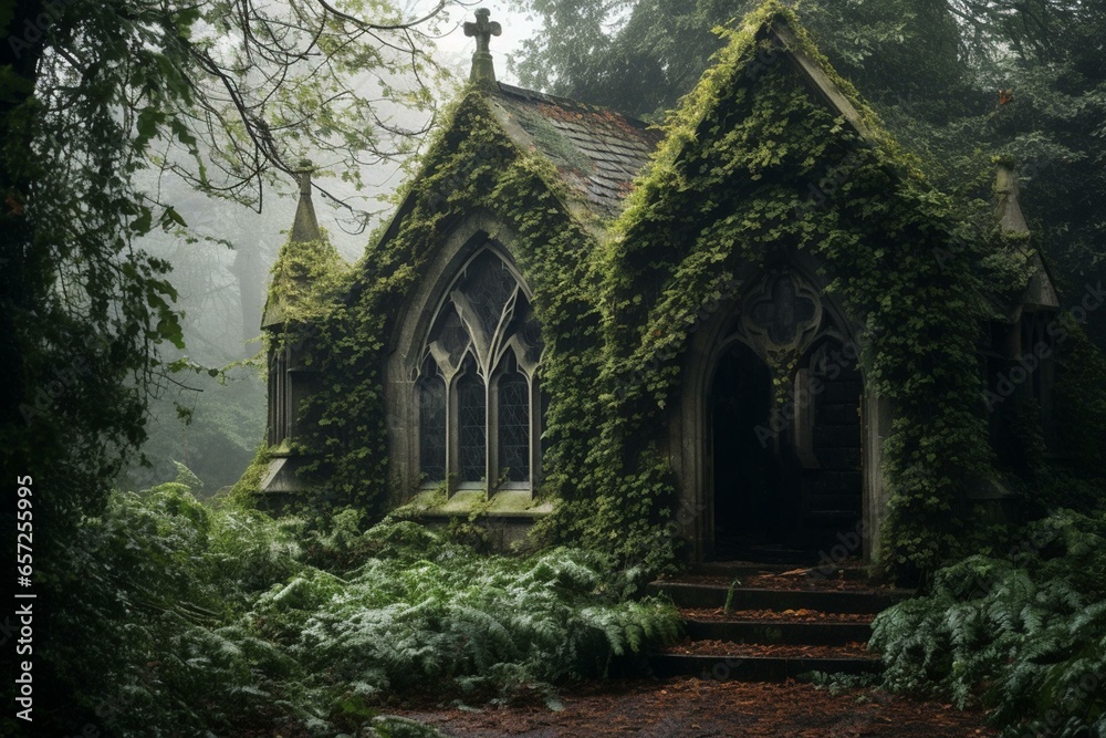 An eerie atmosphere surrounds an abandoned chapel entangled in ivy foliage. Generative AI