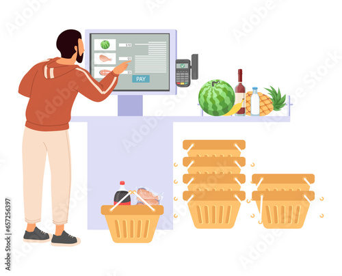Man using contactless self-service shop store kiosk