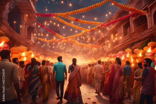 Diwali celebrations on colorful streets of India by cheerful people. Indian Hindu family together celebrating Diwali. Best Generative AI Art. photo