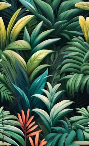 Painted tropical bushes. Seamless horizontal potter. For large format printing  Generative AI