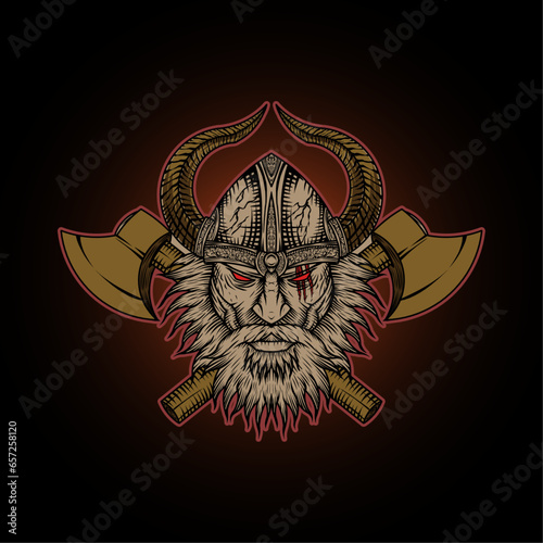 Viking head helmet with axe vector illustration