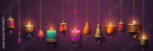Happy Diwali festival greeting card. Diwali oil lamp and traditional accessories.