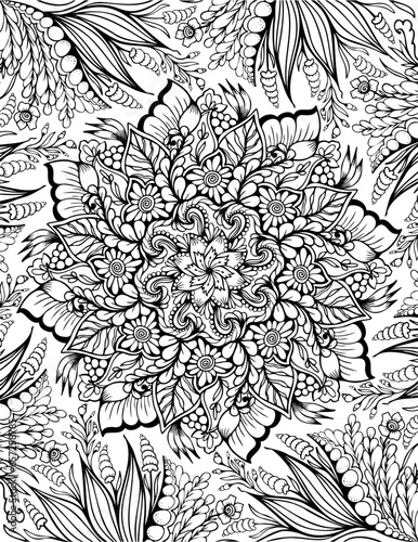 Full page ornamental mandala design drawing, adult coloring book page, black outline isolated on white background