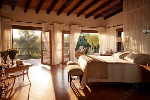 Rustic open master bedroom features parquet floors, wooden beams, balcony, and air conditioning. Generative AI