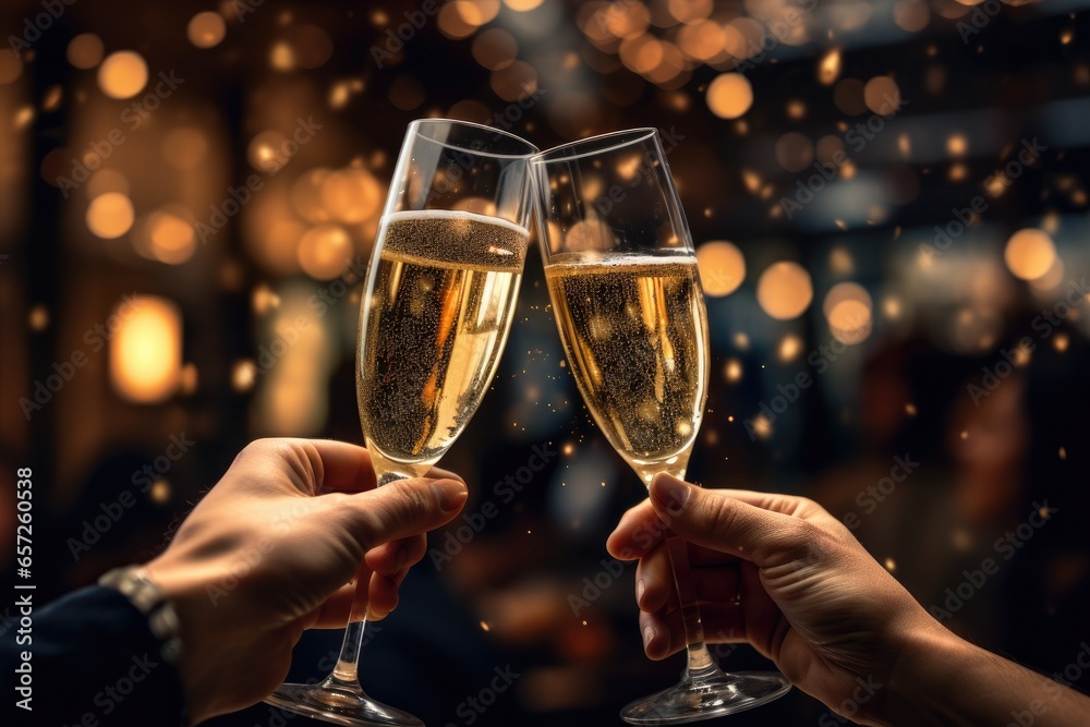 People celebrate with wine, clinking glasses in a festive atmosphere, toasting to happiness and success. - obrazy, fototapety, plakaty 