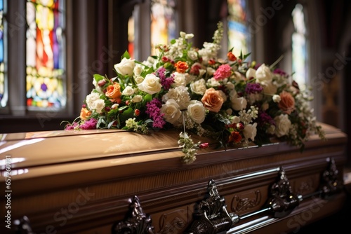 In a solemn church, a white lily-adorned coffin embodies the grief and loss of a funeral ceremony.