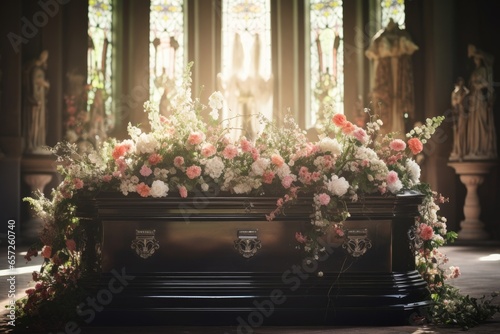 Inside a church, a beautiful floral arrangement with white roses adorns a coffin during a funeral ceremony.