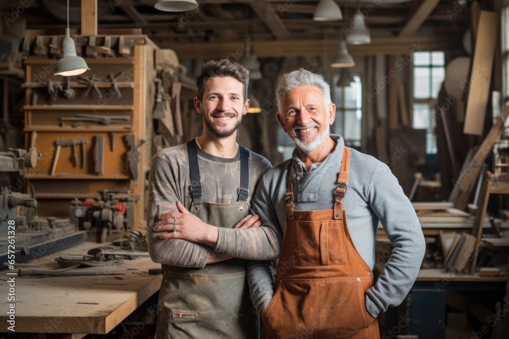 A father and son, both skilled carpenters, work together in their carpentry workshop, showcasing their expertise and teamwork. A father and son, both skilled carpenters, work together in their carpentry workshop, showcasing their expertise and teamwork.