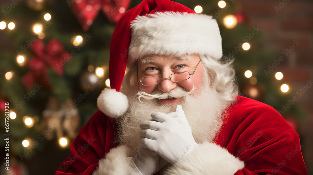 Santa Claus smiling looking kind. Black background. Holiday banner template with copy space Santa Claus smiling looking kind. Black background. Holiday banner template with copy space