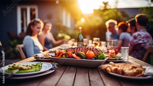 Backyard Dinner Table with Tasty Grilled Barbecue Meat, Fresh Vegetables and Salads