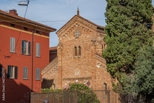 Detail of facade of the Basilica Sanctuary Santo Stefano in Romanesque style, Bologna ITALY