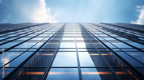 Reflective business office buildings. Low angle photography of glass building