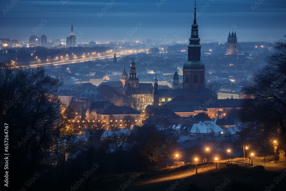 Twilight view of Kraków city from the Kościuszko Mound. Generative AI - obrazy, fototapety, plakaty 