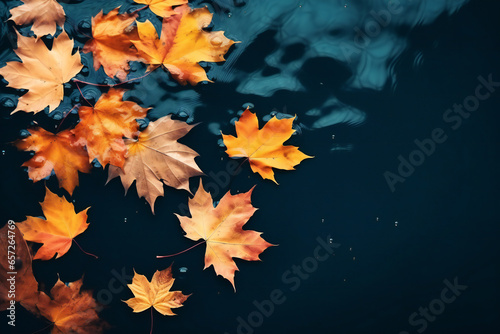 Autumn background. bright yellow-orange fallen maple leaves in dark blue water. autumn atmosphere image. symbol of fall season. flat lay. template for design Generative AI
