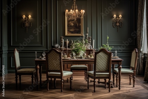 Details of the elegant  classic dining room with luxury furniture and tableware