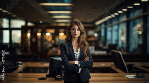 The young woman in a dark business suit is standing in the office in the evening, generative AI