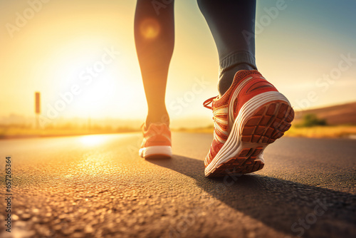 Athlete runner feet running on road closeup on shoe. Man fitness sunrise jog workout wellness concept Generative AI