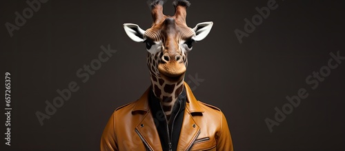 Man with giraffes head Giraffe in leather jacket