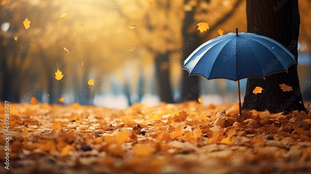 Autumn park at sunset and blue umbrella. Generative AI
