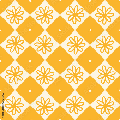 Monochrome seamless vector pattern with rombs and flowers photo