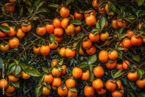 A persimmon tree filled with vibrant orange persimmons