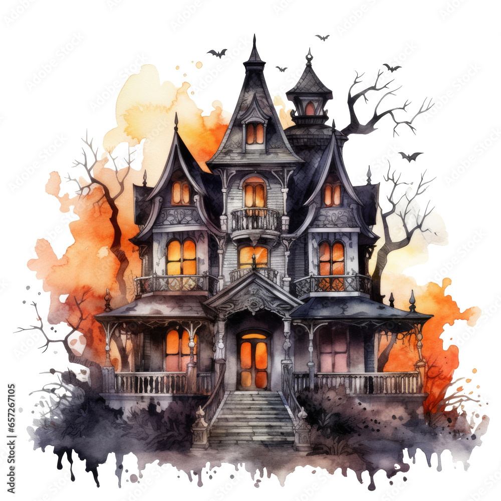 Watercolor Halloween haunted house isolated on a transparent background Watercolor Halloween haunted house isolated on a transparent background