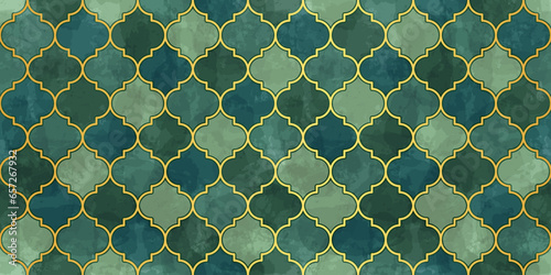 Moroccan Seamless Pattern. Arabic Mosaic Watercolor Ornament. Eid Mubarak Muslim Background. Ramadan Kareem Islamic Illustration. Turkish Mosque Window Shape.