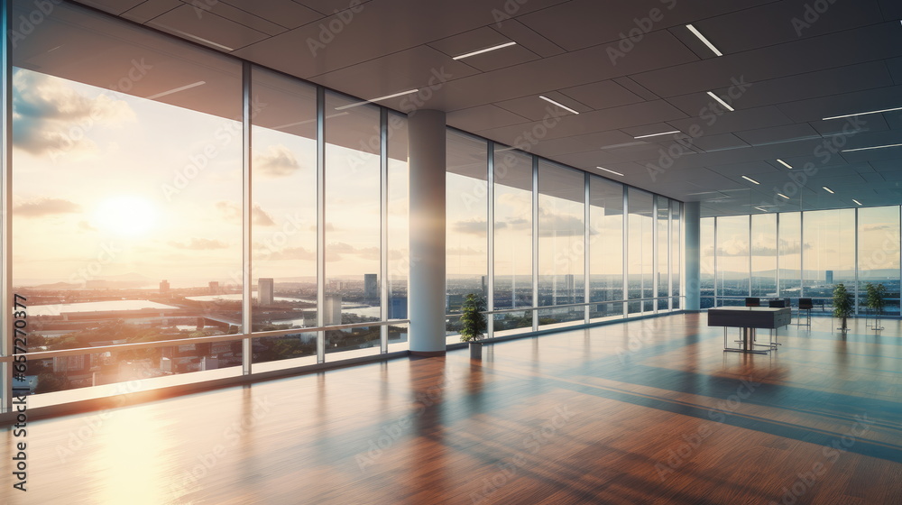 Bright, large room with floor-to-ceiling windows. Office space