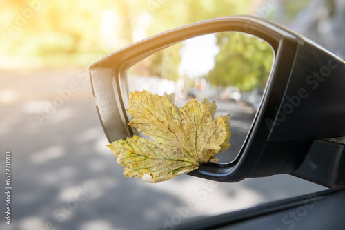 Visibility when driving in autumn weather by car. Car side mirror and autumn leaves.