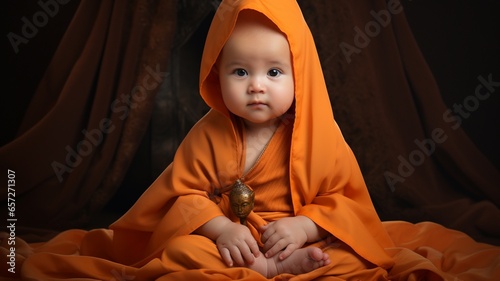 Baby monk orange robe sitting buddha high resolution Ai generated art