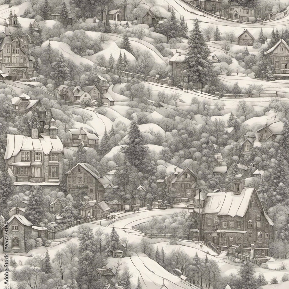 christmas snowy landscape with houses and trees, graphic style, intricate art