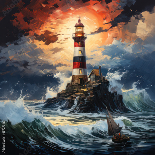 An illustration of a lighthouse on a cliff amidst raging waves, Generative AI