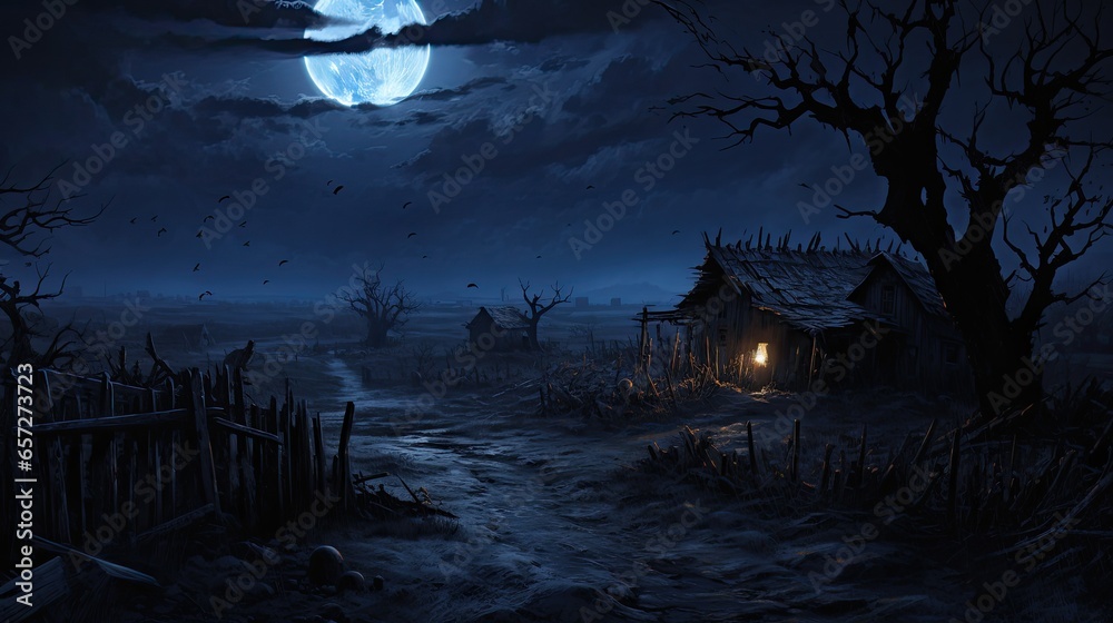 A frightening and creepy Halloween illustration depicting an ancient, dilapidated house.