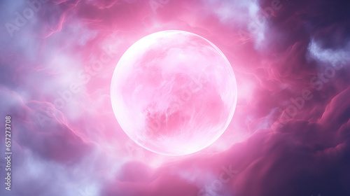 A large pink ball of light in the middle of a cloudy sky