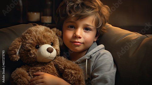 An image of a little boy sitting on a cozy sofa and hugging his teddy bear.