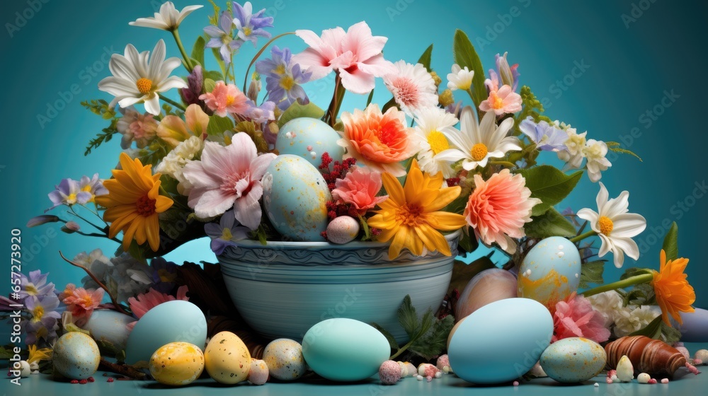 Festive Easter composition of bright Easter eggs.