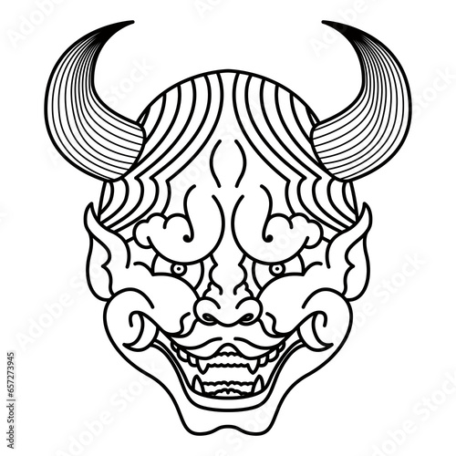 An illustration of a demon mask with horns and fangs.