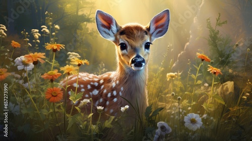 Image of a baby deer standing among tall trees in a lush forest.