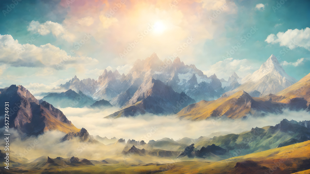 Mountain landscape with clouds and sun. Panoramic view.