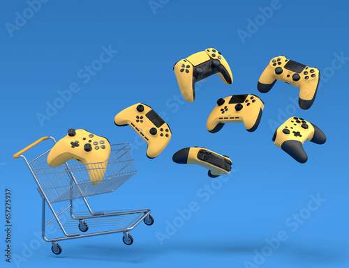 Set of flying gamer joysticks or gamepads on blue background © Vasyl Onyskiv