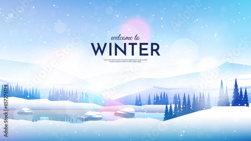 Vector illustration. Flat landscape. Snowy background. Snowdrifts. Snowfall. Blurred lights. Blizzard. Cartoon wallpaper. Cold weather. Winter season. Frozen lake with stones near forest trees