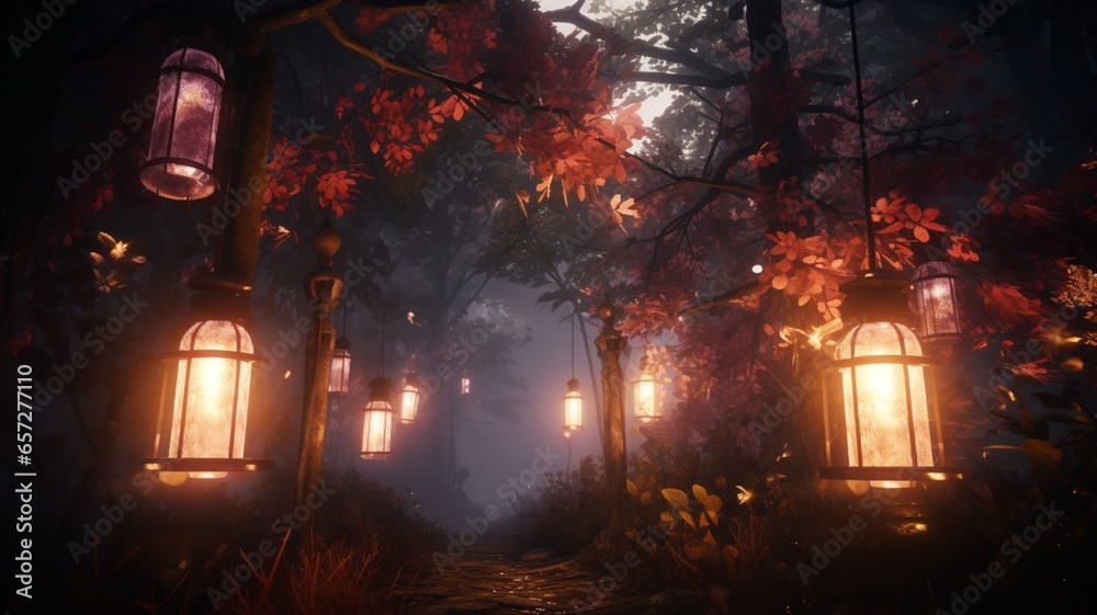Beautiful ethereal glowing lanterns light mossy stone path Ai generated art Beautiful ethereal glowing lanterns light mossy stone path Ai generated art