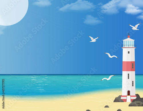 A lighthouse on the sea around seagulls and clouds. State of mind.
