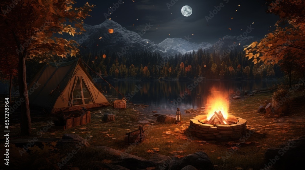 campfire in the forest. Generative AI campfire in the forest. Generative AI
