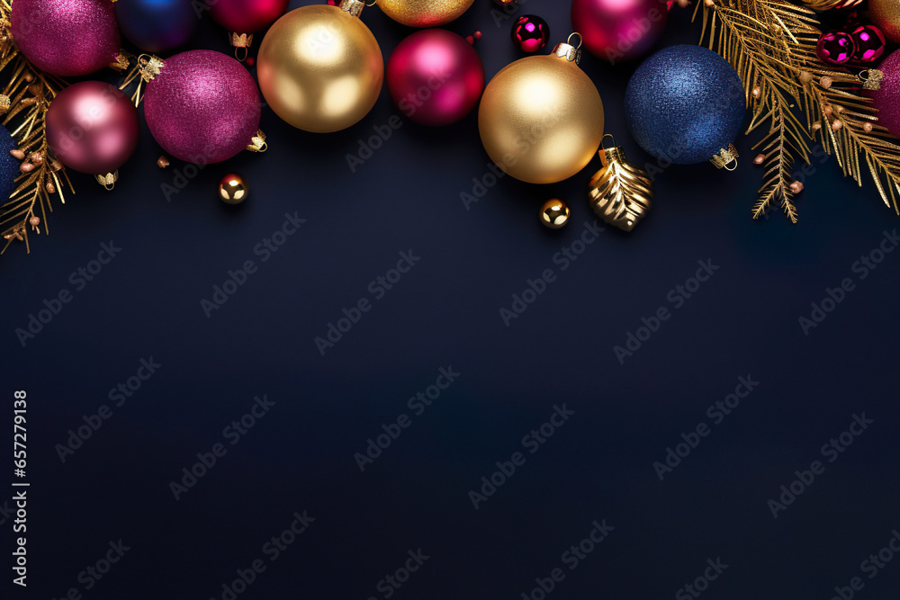 colorful christmas balls with fir tree branches on dark blue ground with space for text, elegant christmas background colorful christmas balls with fir tree branches on dark blue ground with space for text, elegant christmas background
