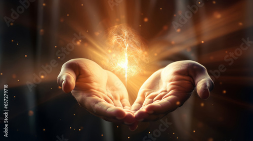 Open prayer hands worship God. Glowing light or spirit for spirituality and christianity