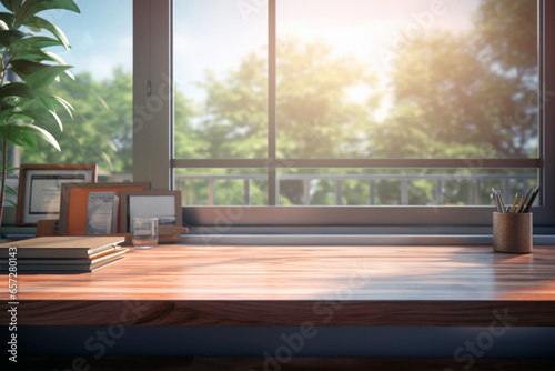 Wooden table with books, pencils and a cup of coffee on the windowsill with a view of shady trees and shining sun. High quality photo