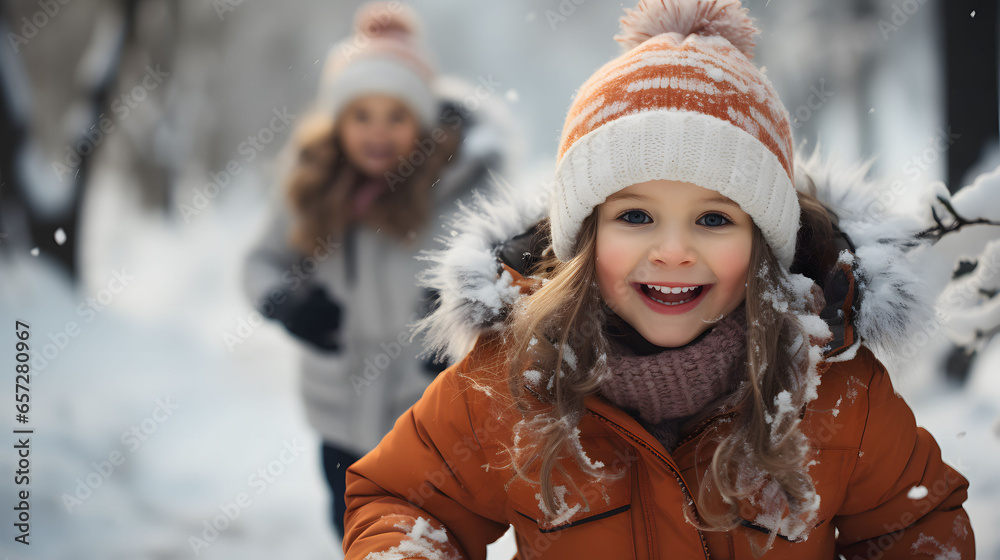 Portrait of a smiling little girl with friends in winter park. Two children happily enjoying playing among the snow winter in nature.	