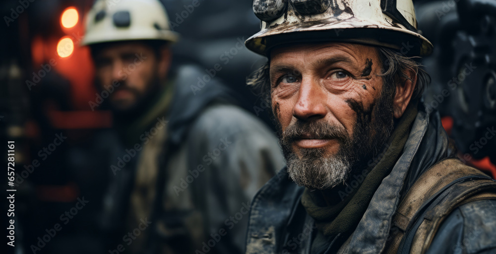 Portrait of men, oil rig workers in industrial plant. Oil on face. Portrait of men, oil rig workers in industrial plant. Oil on face.